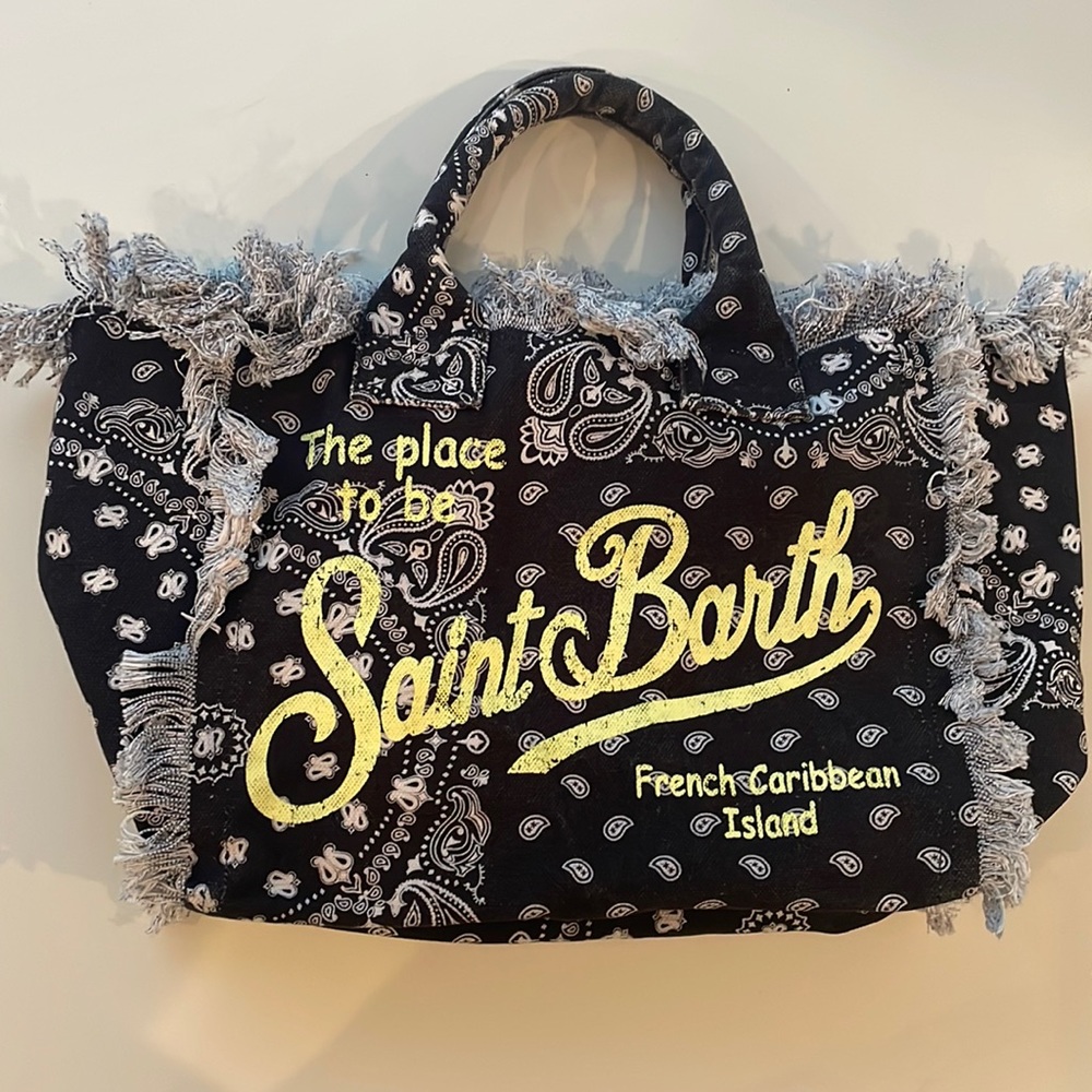 MC2 ..Black and white bandana allover print canvas handbag with yellow graphics